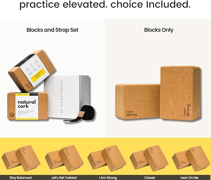 Premium Cork Yoga Blocks - Extra Large Yoga Block 2-Pack or Extra Tall 1-Pack for Inflexible Yogis | Natural, High-Density Cork for Superior Support & Stability | Optional Yoga Strap & Gift Box