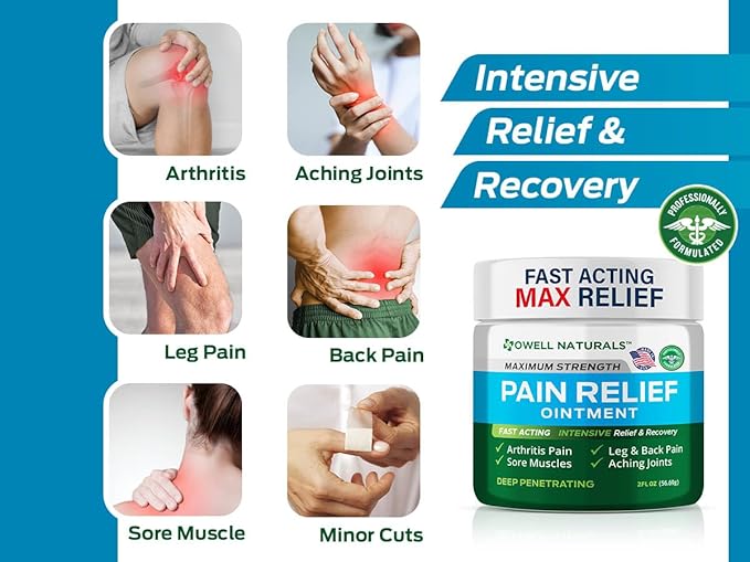 OWELL NATURALS Deep Penetrating Pain Relief Ointment, Natural Cream Fast Acting Formula for Back, Knee, Joint & Muscle Discomfort, Long-Lasting Soothing Balm, 7 oz