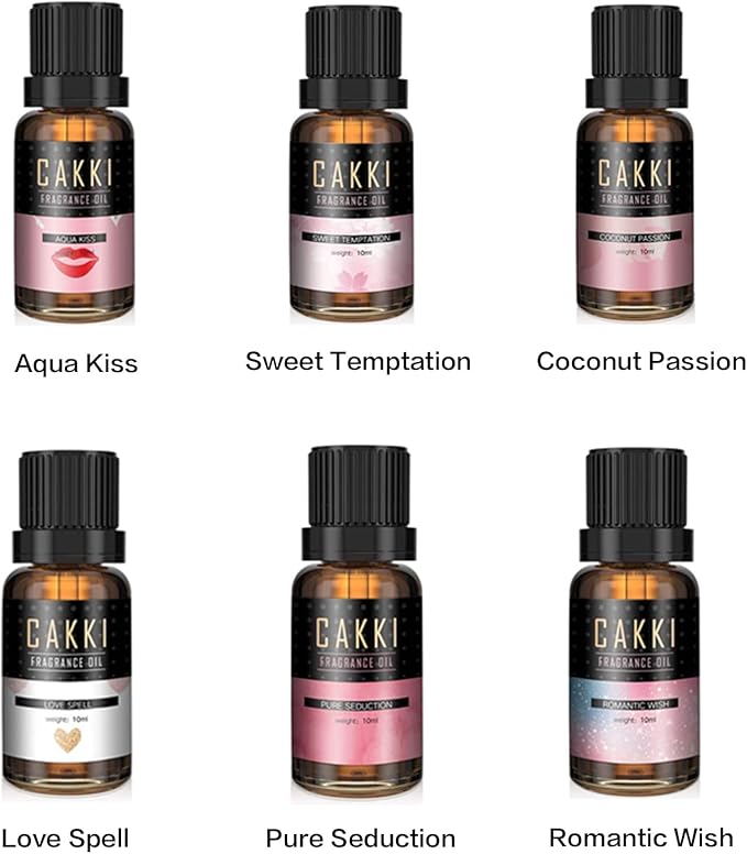 Essential Oils Set for Diffusers for Home, CAKKI Fragrance Oils Gift Set, 6X10ml Pure Aromatherapy Oils,with Pure Seduction, Love Spell,Coconut Passion, Aqua Kiss, for Candles Making