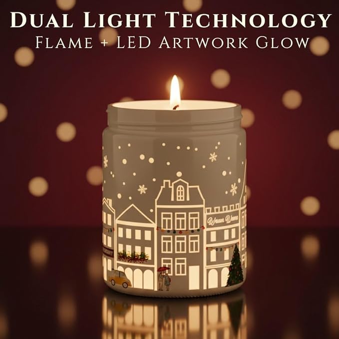 Black Cherry Scented Candle (White Jar), 40-Hour Burn, Dual Light Glow (Flame + LED Artwork), Soy Wax Blend, Holiday Aromatherapy Gift Candle for Bedroom, Bathroom & Home – 7oz (200g)