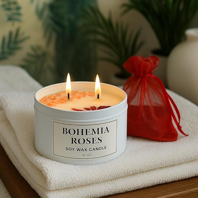 Aqua MARR Handcrafted Bohemia Roses Soy Wax Candle, 8 oz Dual-Wick Soy Candle with Dried Rose Petals, White Metal Container