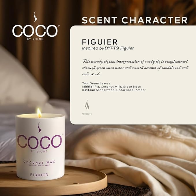 Coco by Stone 11oz Candle, Coconut Apricot Wax Candle for Home (Figuier) Home Fragrance Products, 1 Wick Candle, Enhance Indoor Aroma, Vegan & Cruelty-Free, Clean Burning and Hand Poured Candle