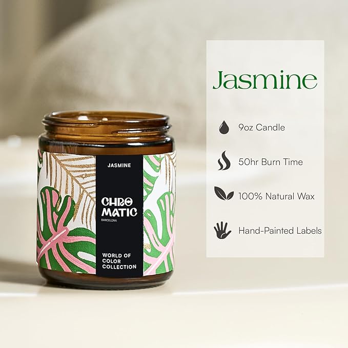 Jasmine Scented Candle for Women, 9oz Candle for Home Scented with Jasmine, 9 oz Coconut Soy Wax Candle with 50 Hour Burn Time, Hand Painted Labels.