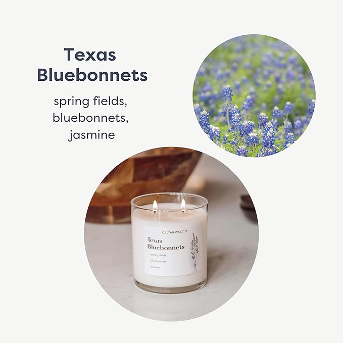 Calyan Wax Co. Texas Bluebonnets 2 Wick Scented Candle - 37 Hour Burn - Luxury Non Toxic Soy Wax Candles - Long Lasting Large Glass Jar Candle for Home - 8.8oz