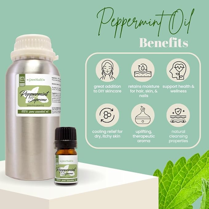 Peppermint Essential Oil (Mentha piperita) – 16 fl oz – 100% Pure & Uncut – Aluminum Bottle – GreenHealth