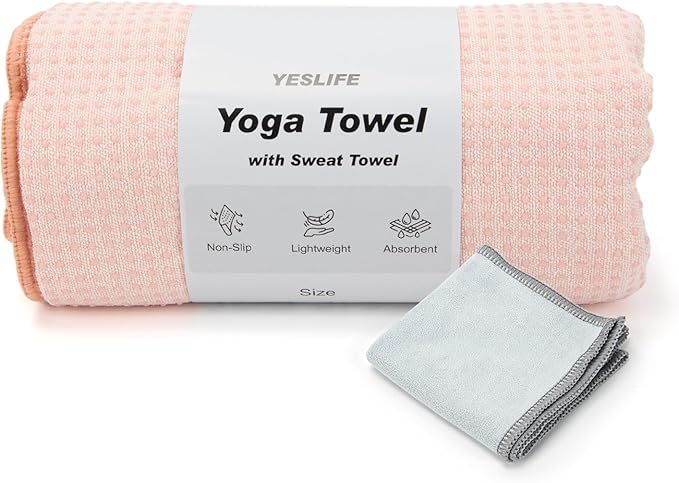 YESLIFE Non-Slip Extra Thick Hot Yoga Towel with One Sweat Towel, Microfiber Sweat Absorbent Yoga Mat Towel with Grip Dot, Pilates Mat, 72" x 24", Pink