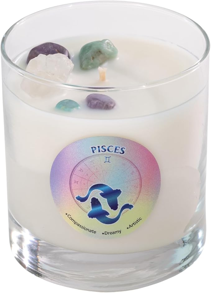 Luxury Glass Jar Candle, Pisces Zodiac Sign, 8.8 oz - Crystal Infused - Scents of Watery Greens, Ozone, Florals, & Sweet Musk - USA Made, Coconut-Soy Wax, Essential Oils, Dr. Developed