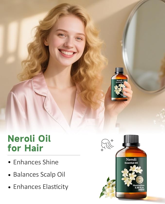 Neroli Essential Oil, Pure Neroli Oil Mumianhua Natural Orange Blossom Oil for Diffuser, Room Spray, Perfume & Women's Cologne | Citrus Floral for Aromatherapy, Candle & Soap Making 3.38 Fl Oz