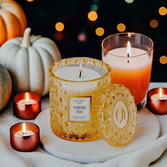 Chloefu LAN Pumpkin Chai Candles Halloween Candle Gift, Farmhouse Candles for Home, Luxury Scented Soy Jar Fall Candle with up to 55 Hour Long Lasting, Home Decor, Barn Fall Decor Pottery, 8.1oz