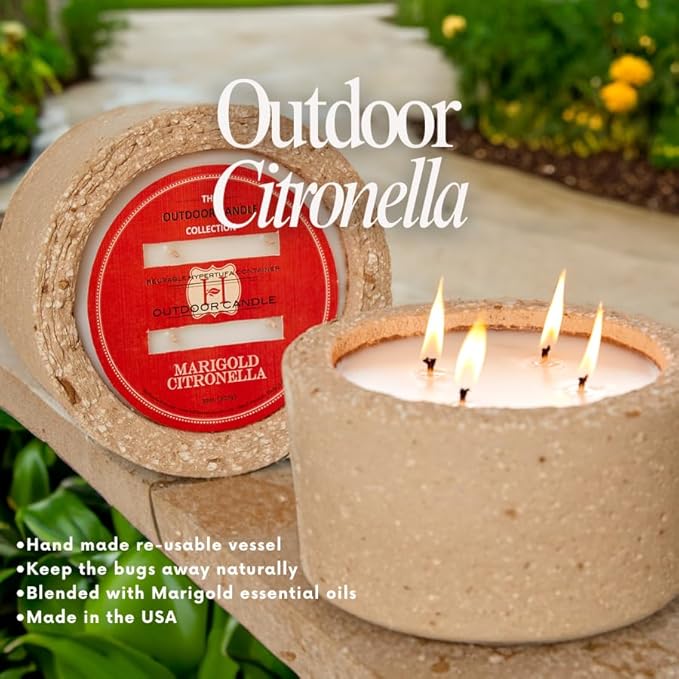 Hillhouse Naturals Marigold Outdoor Candle in Hypertufa Pot 32oz.. Infused with The Enchanting Aromas of Marigold Essential Oils. Burn time 100+ Hours. Made in The USA