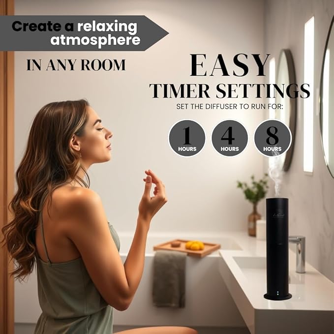 Aroma Scent Diffuser Starter Kit for Up to 1000SQ. FT. Coverage - 120ML Waterless Essential Oil Scent Included - Luxury Aroma Diffuser Ideal for Home, Office & Hotel (Black, Escapade)