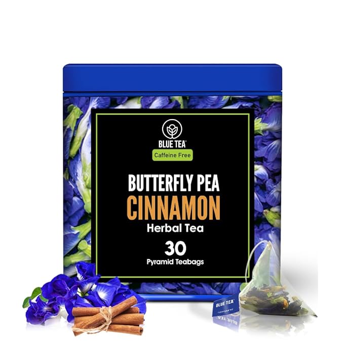 BLUE TEA - Butterfly Pea Flower Tea - Cinnamon - 30 Count - Pyramid Plant Based Tea Bag | Gokarna | ANTIOXIDANT RICH | Herbal Tea - Caffeine Free - Flower Based - Vegan - Non-Bitter | Tin Pack