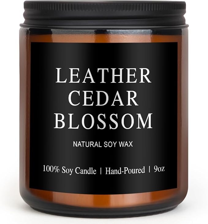 Scented Candles for Men - Leather Cedear Blossom Scent | 50Hr Burn Soy Wax in Brown Glass - Man Cave Gifts, Birthday for Him, Father's Day Gift (9oz)