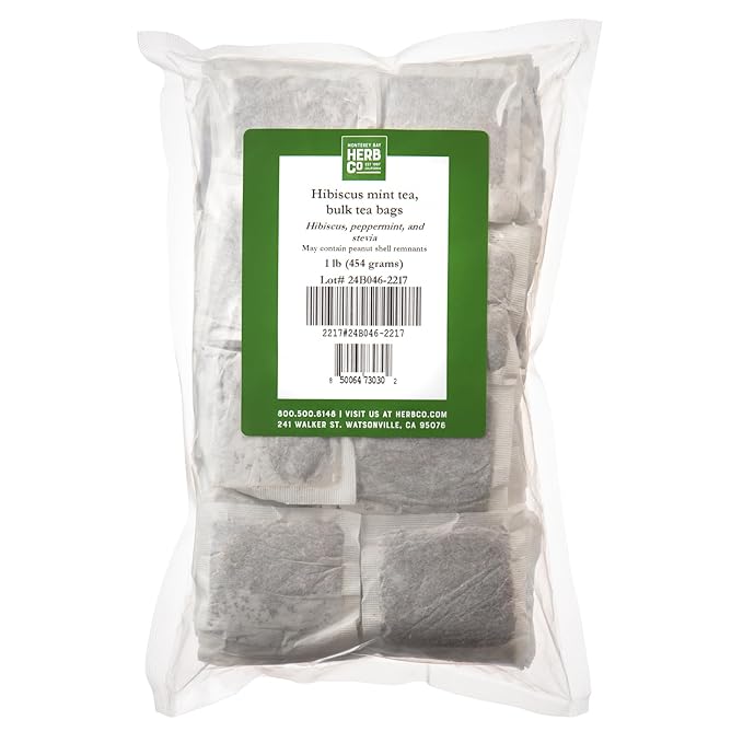 Hibiscus Mint Herbal Tea, by Herb Co, Caffeine-Free, Loose Tea in Unbleached, Refreshing Berry & Mint Flavor, Rich in Vitamin C, Approximately 200 Tea Bags, 1 lb