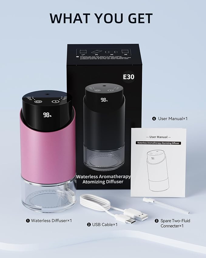 Waterless Essential Oil Diffuser Aromatherapy Scent Diffusers for Home Large Room, Car, Office, Desk, Mini Battery Operated Cordless Air Freshener, 4 Timers & 3 Mist Levels, 100ml Capacity (Pink)