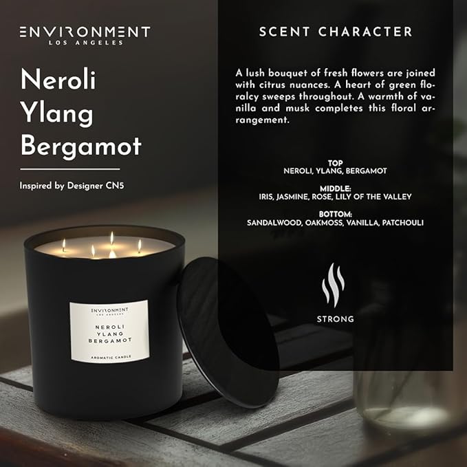 ENVIRONMENT Inspired by Designer Perfume CN5 Candle, 55oz Luxury Coconut Apricot Wax Candles for Home (Neroli | Ylang | Bergamot) Home Fragrance Products, 4 Wick Candle, Vegan & Cruelty-Free