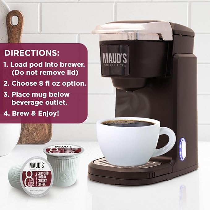 Maud's Chicory Flavored Coffee Pods, 18 ct, Dark Roast Flavored Coffee in Recyclable Single Serve Pods – 100% Arabica Beans, Compatible with Keurig K Cups Maker