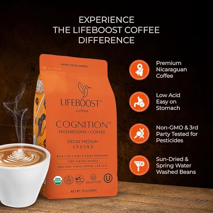Lifeboost Cognition Decaf Mushroom Coffee - Low Acid Decaf Medium Organic Coffee with Lions Mane & Chaga Mushrooms - Increase Energy, Boost Focus & Immune Support - 12 oz Bag - Ground