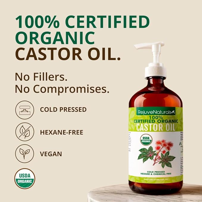 RejuveNaturals Castor Oil (16oz Glass Bottle) USDA Certified Organic, 100% Pure, Cold Pressed, Hexane Free. Boost Hair Growth for Thicker, Fuller Hair, Lashes & Eyebrows.