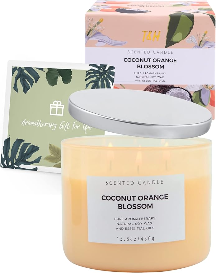 Coconut Orange Blossom 3 Wick Soy Candle, 15.8 oz - Tropical Coconut Scented Candle for Aromatherapy Stress Relief - Clean Burning, Long Lasting, Highly Scented Soothing Candles for Home