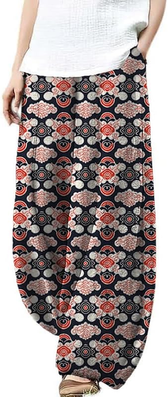 domirica Plus Size Loose Pants for Women Floral Printed Cute Pattern Ethnic Baggy Beach Wide Leg Trouser
