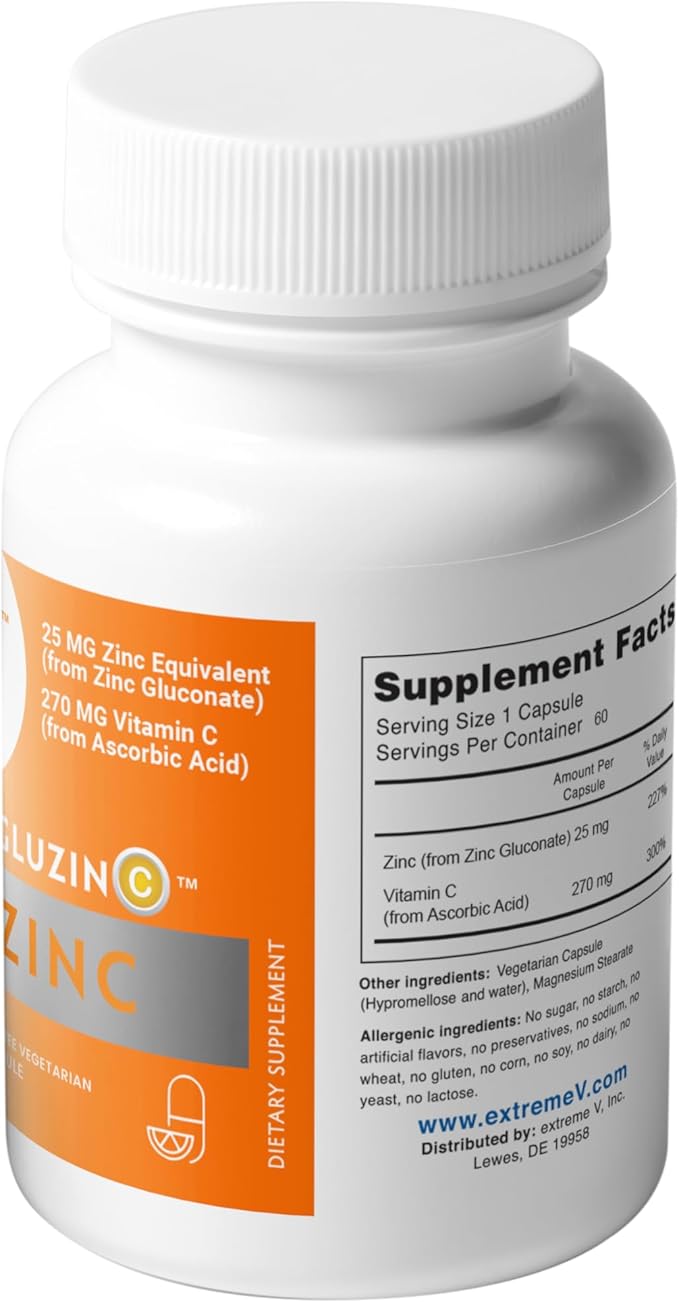 GluzinC Zinc & Vitamin C Supplement | 25 mg Zinc Gluconate + 270 mg Ascorbic Acid | Daily Immune Nutrients | 60 Veg Caps