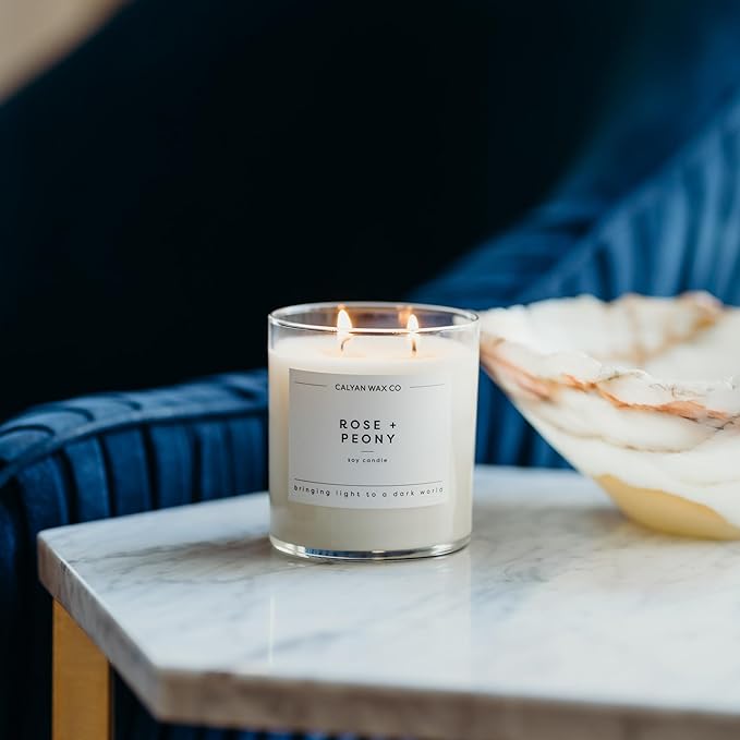 Calyan Wax Co. Rose & Peony 2 Wick Scented Candle - 37 Hour Burn - Luxury Non Toxic Soy Wax Candles - Long Lasting Large Glass Jar Candle for Home - 8.8oz