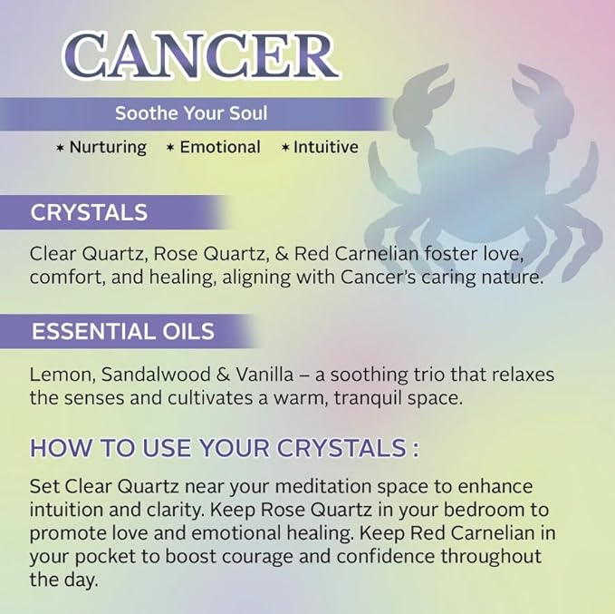 Luxury Glass Jar Candle, Cancer Zodiac Sign, 8.8 oz - Crystal Infused - Scents of Lime, Coconut, Driftwood & Vanilla - USA Made, Coconut-Soy Wax, Essential Oils, Dr. Developed