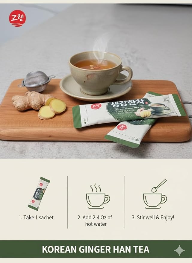 Korean Ginger Tea Mix 생강한차 Traditional Herbal Drink Powder with Ginger Root & Honey | Instant Stick Packs, Easy Hot Brew | Naturally Caffeine-Free | DAHLORE