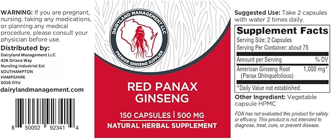 Dairyland Management LLC 100% Authentic Korean Red Panax Ginseng Capsules -500 mg. Potent Ground Ginseng Root Extract Powder - No Fillers, Binders or Other Additives. (150 ct)