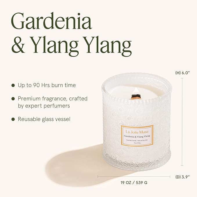 LA JOLIE MUSE Gardenia & Ylang Ylang Scented Candle – Ylang, Tuberose, Orange Blossom |19 oz Large Wooden Wick Candle | Natural Soy Wax | 90 Hours Clean Burn | Gift-Ready for Hosts