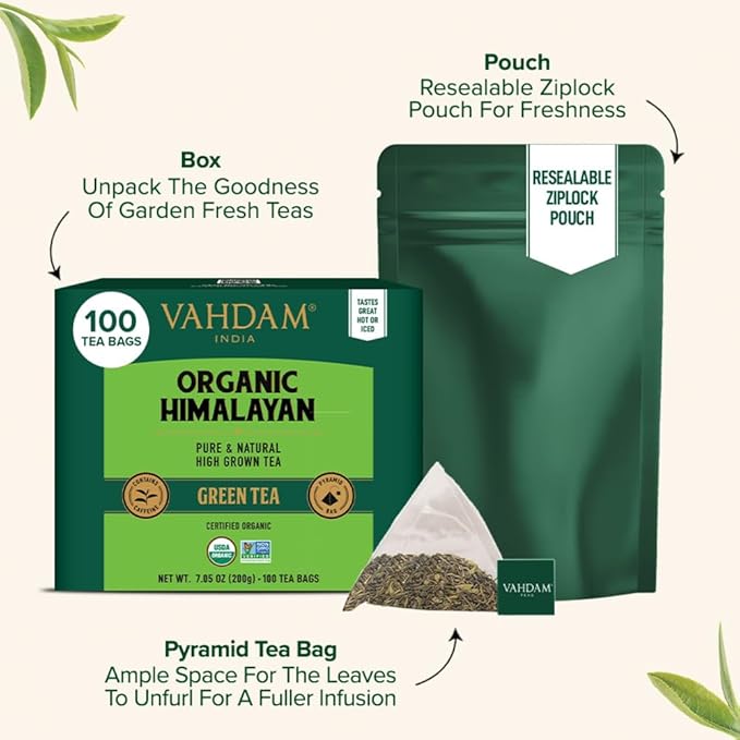 VAHDAM, Organic Himalayan Green Tea (100 Count) High Grown, Non GMO, Gluten Free, Low Caffeine | Earthy & Smooth | Resealable & Plant-Based Pyramid Tea Bags
