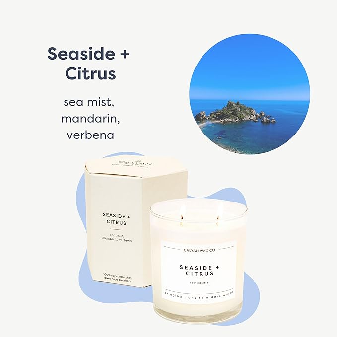 Calyan Wax Co. Seaside & Citrus 2 Wick Scented Candle - 37 Hour Burn - Luxury Non Toxic Soy Wax Candles - Long Lasting Large Glass Jar Candle for Home - 8.8oz