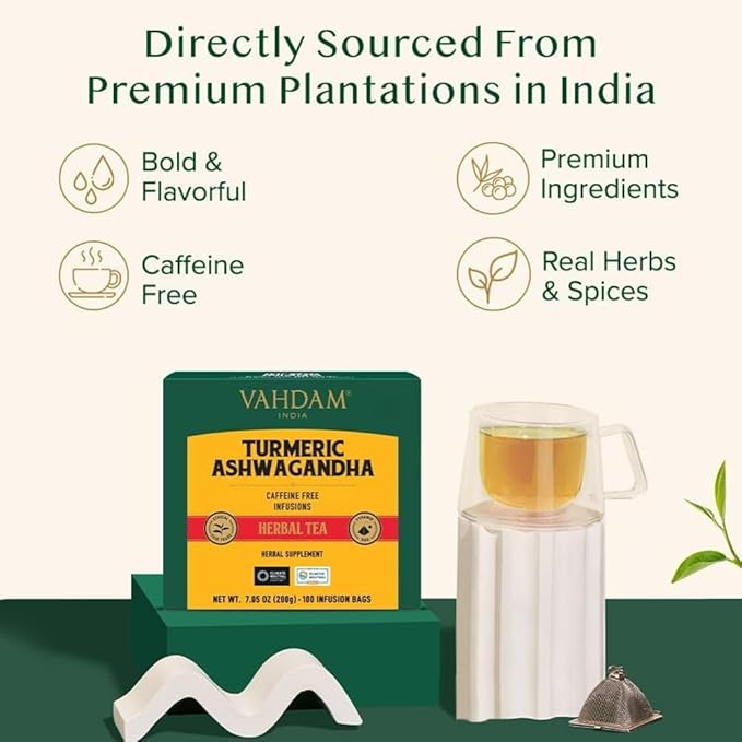 VAHDAM, Turmeric Ashwagandha Herbal Tea Bags (100 Count) Caffeine Free, Non GMO, Gluten Free | 100% Pure Herbal Blend - Sweet & Earthy | Whole Leaf Tea Bags | Resealable Ziplock Pouch