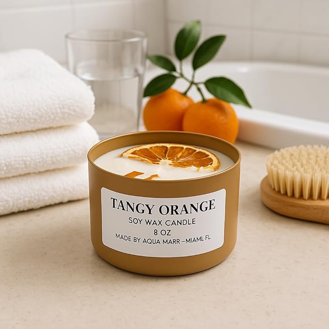 Aqua MARR Tangy Orange Soy Wax Candle, 8 oz, Handmade in Miami with Dried Orange Slice, Gold Metal Container