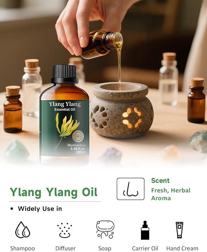 Mumianhua 100% Pure Ylang Ylang Essential Oil Natural Ylang Ylang Oil for Diffuser, Perfumes, Aromatherapy, DIY,Skin, Hair, Candle, Soap Making 3.38 Fl Oz