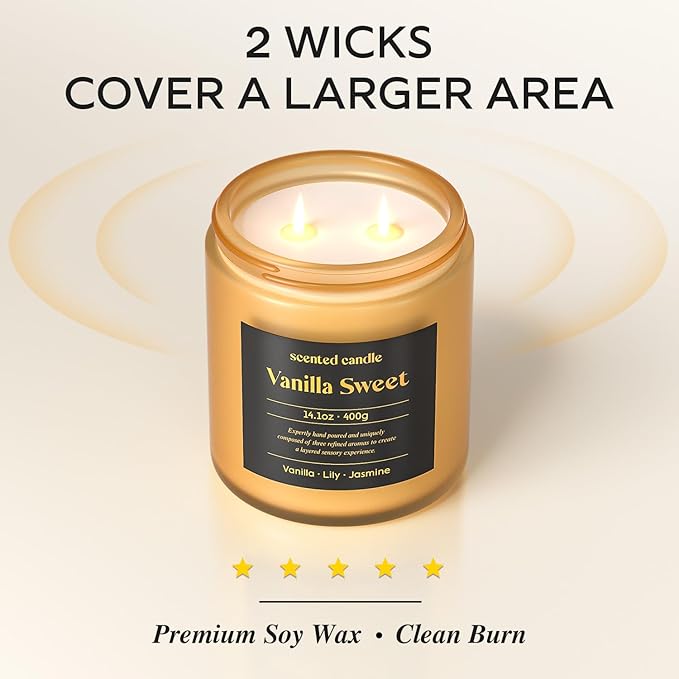 Vanilla Candle, 14.1 oz Scented Candles for Home, 2 Wicks Blended Scents Candles for Women and Men, Birthday Gifts for Women (Vanilla+Lily+Jasmine)