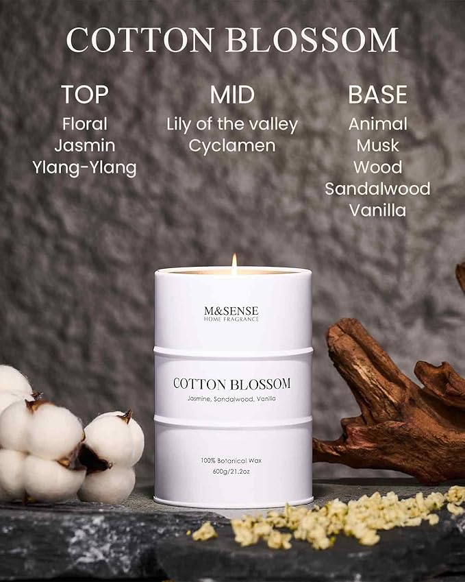 M&SENSE Cotton Blossom Scented Candles Large, Natural Soy Candles 21.2oz 120 Hour Slow Burning,Aromatherapy Candle for Stress Relief Meditation Relaxing