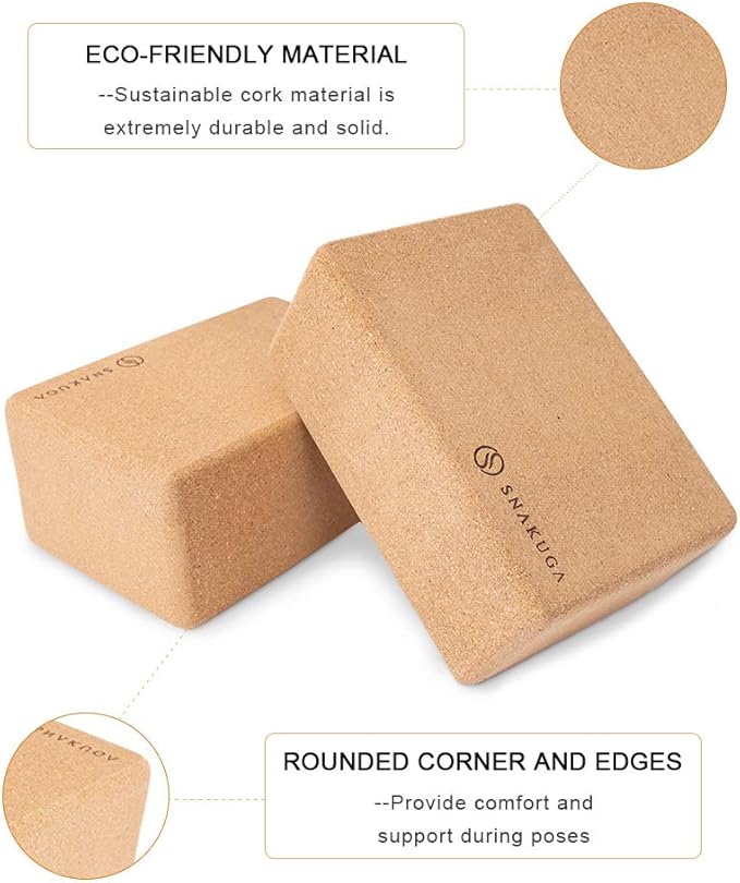 SNAKUGA Cork Yoga Block 2 Pack for Pilates, 4'' or 3'' Non-Slip & High Density Blocks for Meditation, Fitness and Stretching, Supportive and Flexibility Brick for Improve Poses Balance