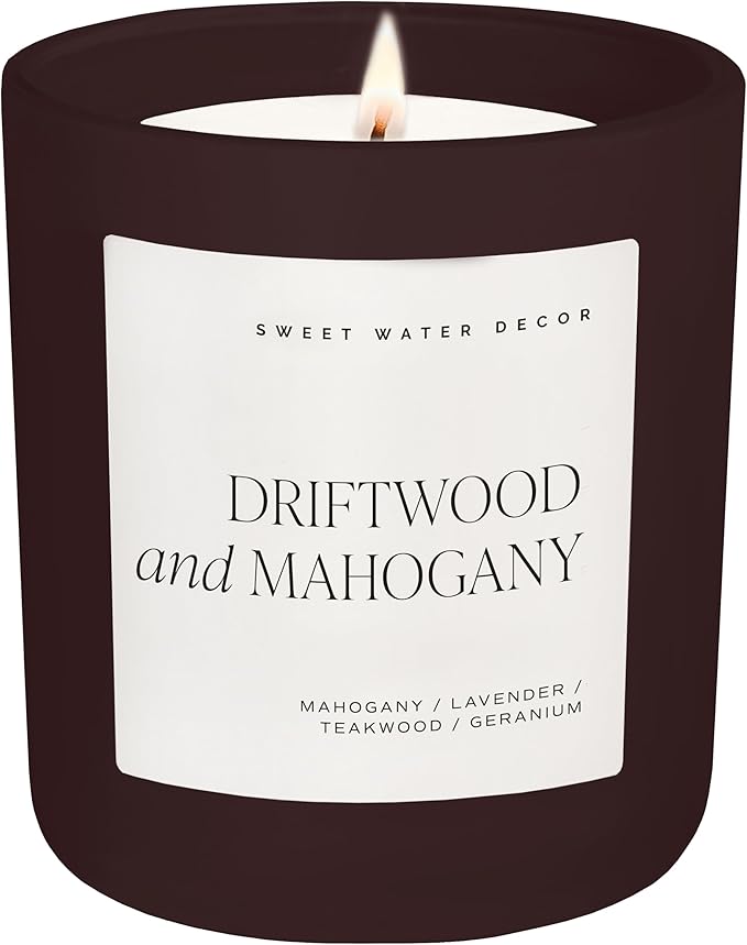 Sweet Water Decor Driftwood & Mahogany Candle, Large 15oz Jar, Non-Toxic Soy Wax Blend Scented with Lavender, Teakwood & Geranium, Woodsy Candle, Long-Lasting 70+ Hour Burn