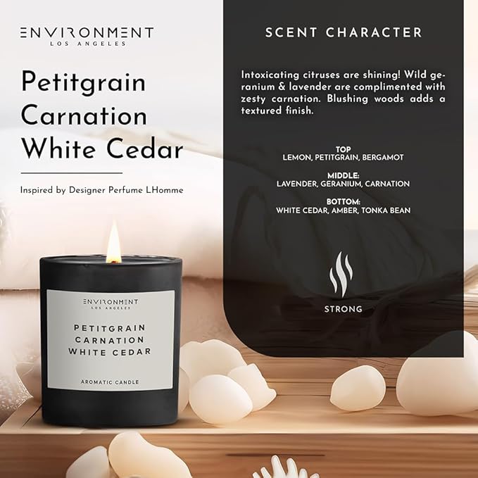 Environment Inspired by Designer Perfume LHomme Candle, 8oz Luxury Coconut Apricot Wax Candles for (Petitgrain | Carnation | White Cedar) Home Fragrance Products, 1 Wick Candle, Vegan & Cruelty-Free