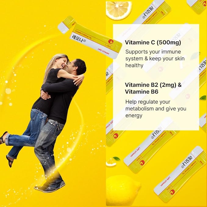 LEMONA Official Vitamin C Powder 500mg Korean Supplements Immune Support B6, B2, On-The-Go Packets Vitamin Healthy Living, Easy to Take Daily Energy Boost Korean Food Snacks Lemon (120Sticks)