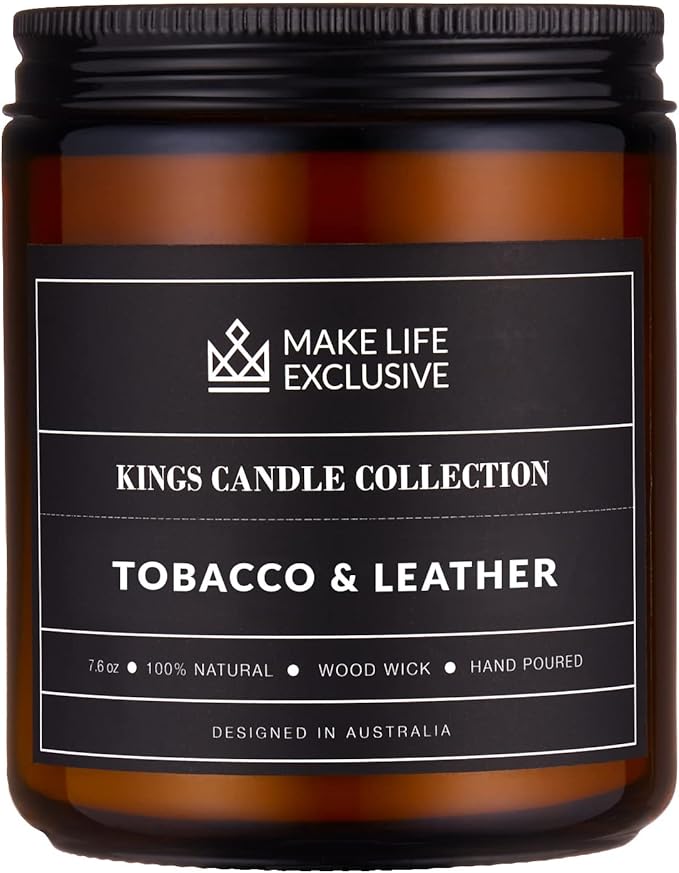 Scented Candles for Men | Tobacco & Leather Scented | Wooden Wick, Long Lasting, Masculine Scents | Natural Soy Jar Candle for Home, Bacehlor Pad Decor | The Perfect Mens Gift