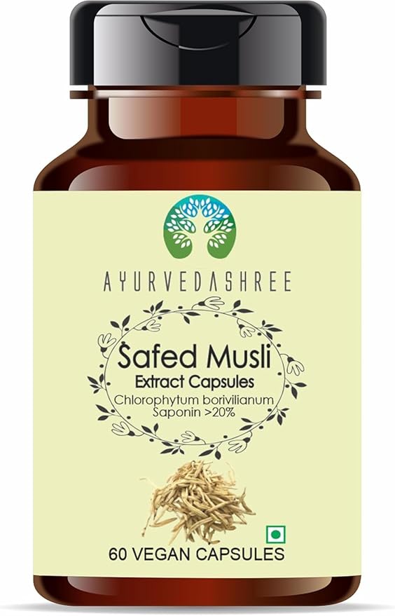 Safed Musli Extract 500mg - 60 Vegetarian Capsules | Chlorophytum Borivillianum | All Natural | 100% Vegan | Gluten-Free.