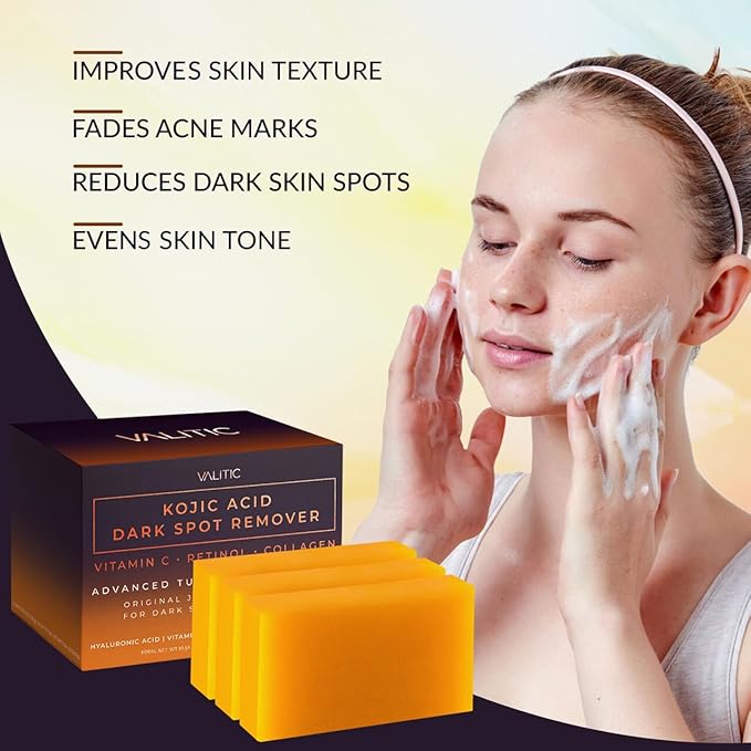 VALITIC Kojic Acid Dark Spot Corrector Soap Bars with Vitamin C, Retinol, Collagen, Turmeric - Original Japanese Complex - Hyaluronic Acid, Vitamin E, Shea Butter, Castile Olive Oil - With Bag