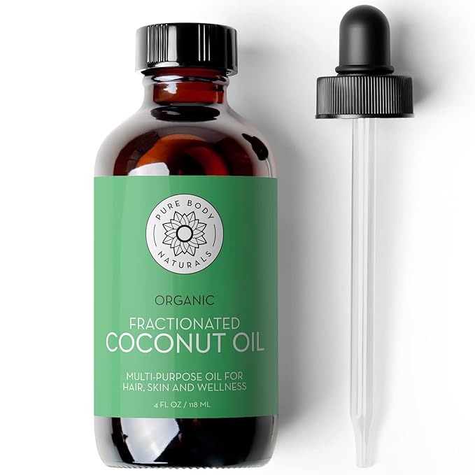 Pure Body Naturals Organic Fractionated Coconut Oil for Skin and Hair, 4 fl oz - Liquid Carrier Oil for Diluting Essential Oils, Hair Growth & Skin Moisturizer