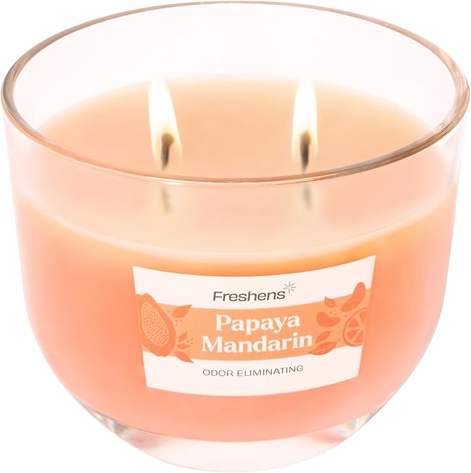 Carolina Freshens Papaya Mandarin Odor Eliminating Highly Fragranced Candle for Home Scented, Eliminates 90% of Pet, Smoke, Food and Other Smells Quickly, 2 Wick, 14 oz - Made in The USA