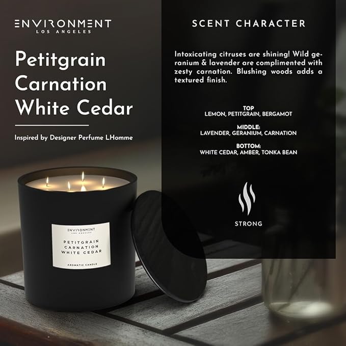 Environment Inspired by Designer Perfume LHomme Candle, 55oz Luxury Coconut Apricot Wax Candles for (Petitgrain | Carnation | White Cedar) Home Fragrance Products, 4 Wick Candle, Vegan & Cruelty-Free