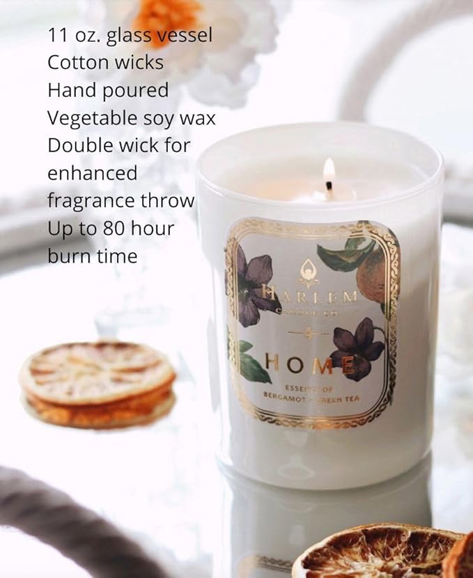 HARLEM CANDLE CO. Home - Luxury Scented Soy Candle, 11 oz - 80-Hour Burn Time | Bergamot, Jasmine, Sandalwood, Mandarin Orange and Green Tea Leaves | Scented Candles for Home