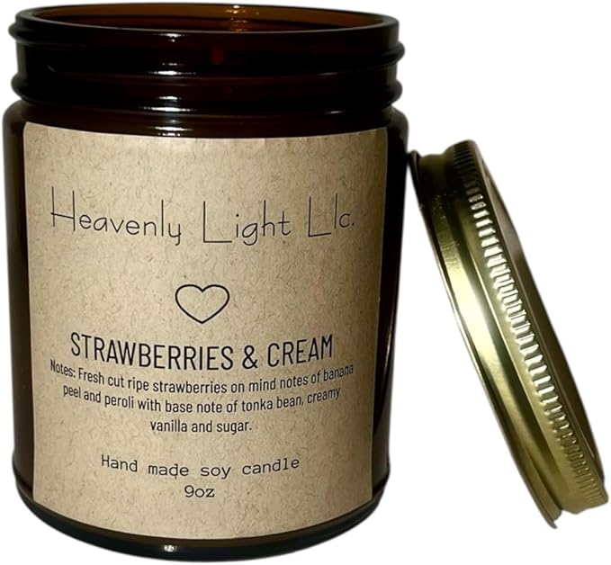 Heavenly Light LLC 100% Non-Toxic 9 oz Scented Soy Wax Candles Strawberries and Cream